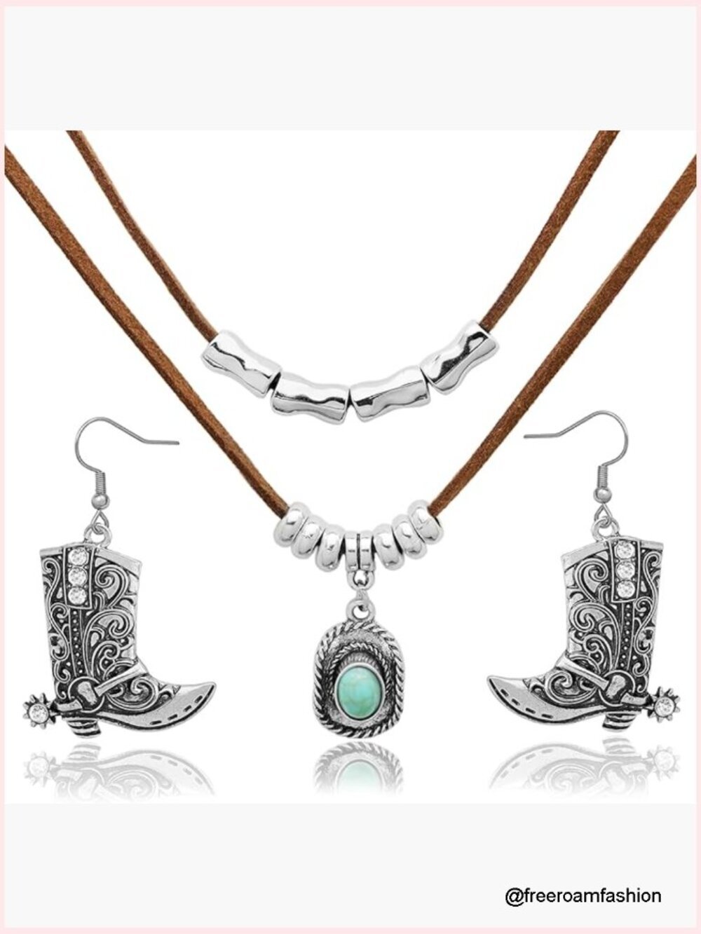 2pc Turquoise Beads Cowboy Hat Necklace Boots Earrings Jewelry Set Western